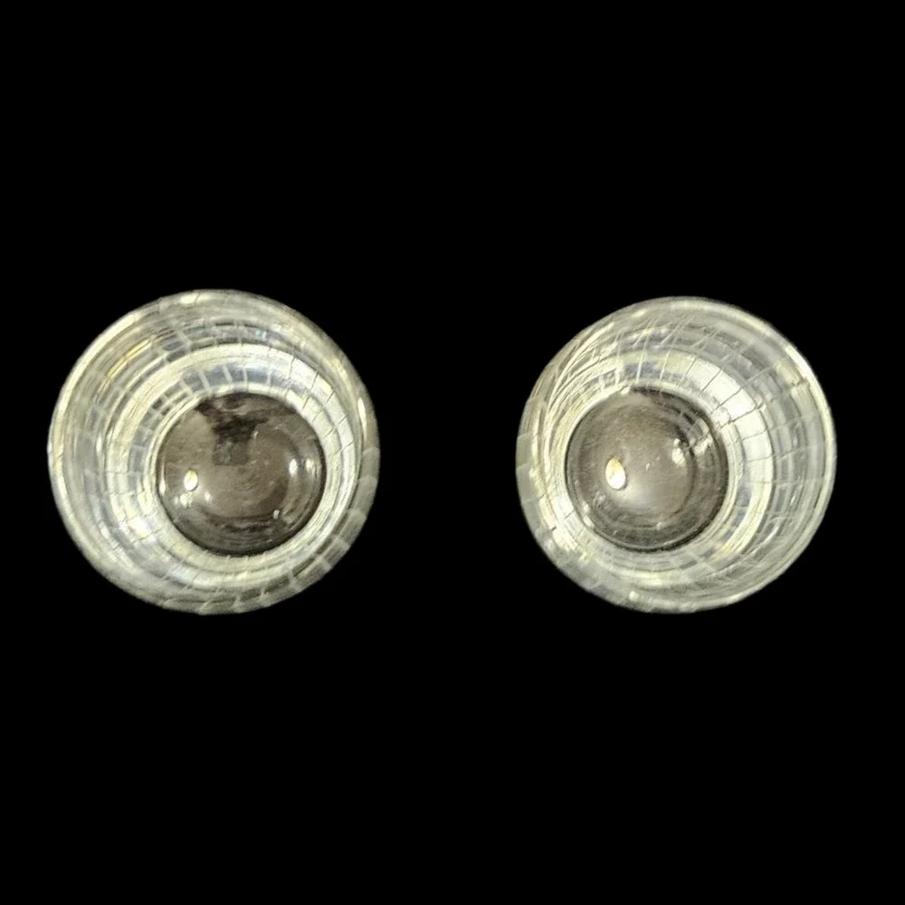 Pair Vintage 1960s Barrel Shaped Etched Line Clear Glass Shot Glasses
